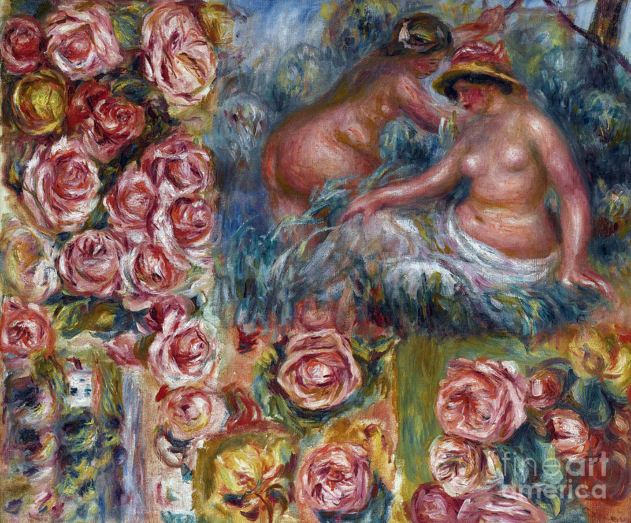 Study Of Nude Female Figures And Flowers By Renoir Painting by Pierre Auguste Renoir