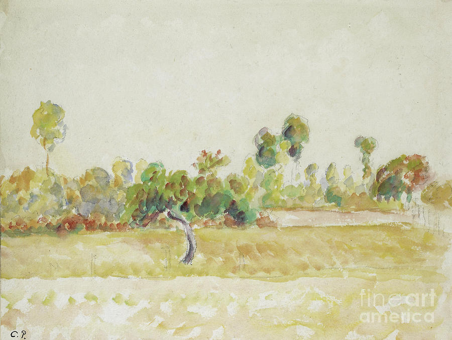 Study Of The Orchard At Eragny Sur Epte, Watercolor Over Chalk Painting by Camille Pissarro