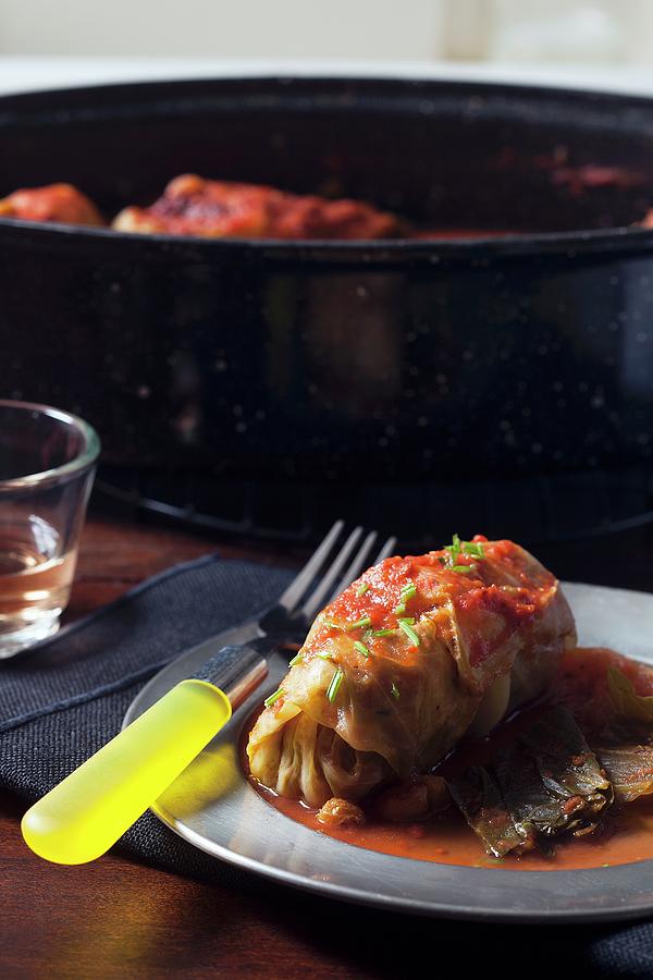 Stuffed Cabbage Parcels With Pureed Tomato Sauce Photograph by Katharine Pollak