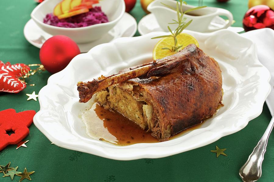 Stuffed Christmas Goose With Red Cabbage Photograph by Herbert Lehmann