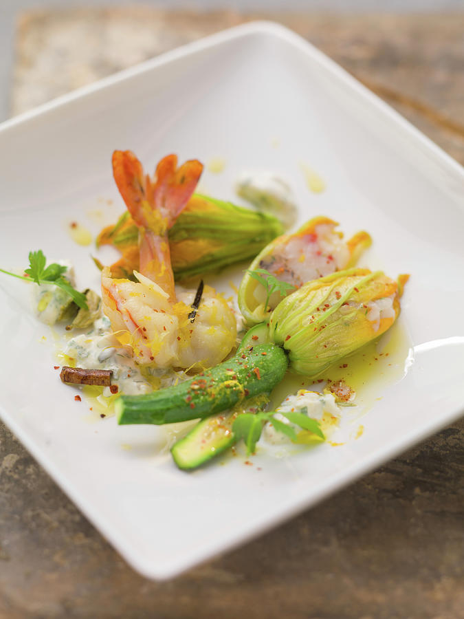 Stuffed Courgette Flowers With Prawns Photograph by Eising Studio