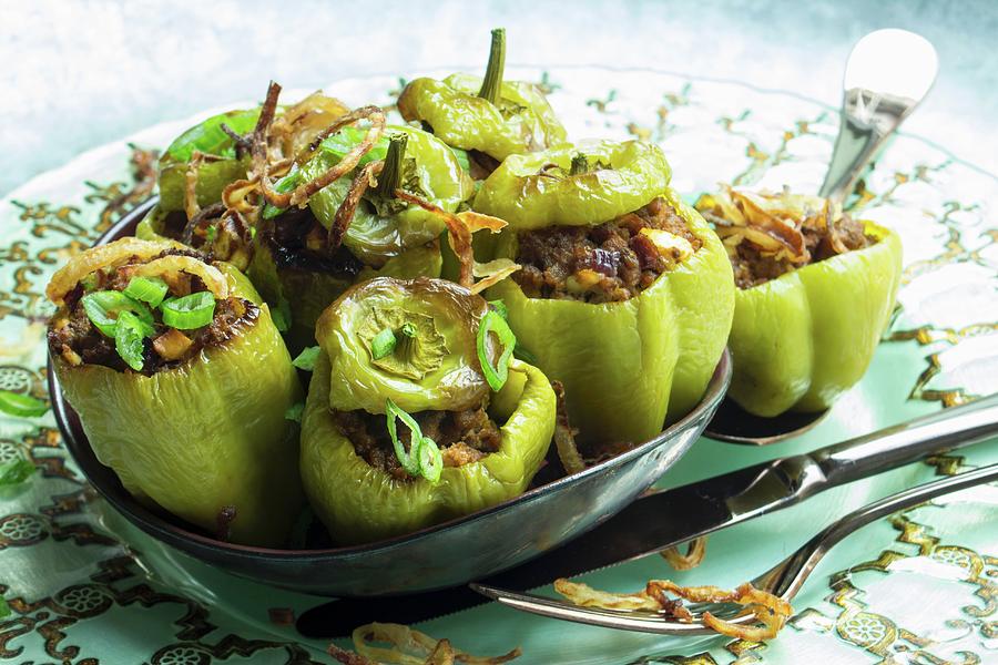 Stuffed, Gratinated Mini Peppers With Roasted Onions Photograph by Charlotte Von Elm