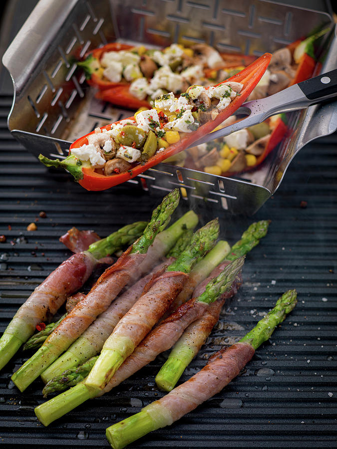 Stuffed Grilled Pepper, And Asparagus Wrapped In Ham Photograph by Eising Studio
