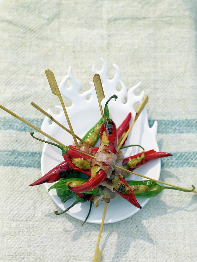 Stuffed Hot Chilli Peppers On Skewers Photograph by Jalag / Michael Holz