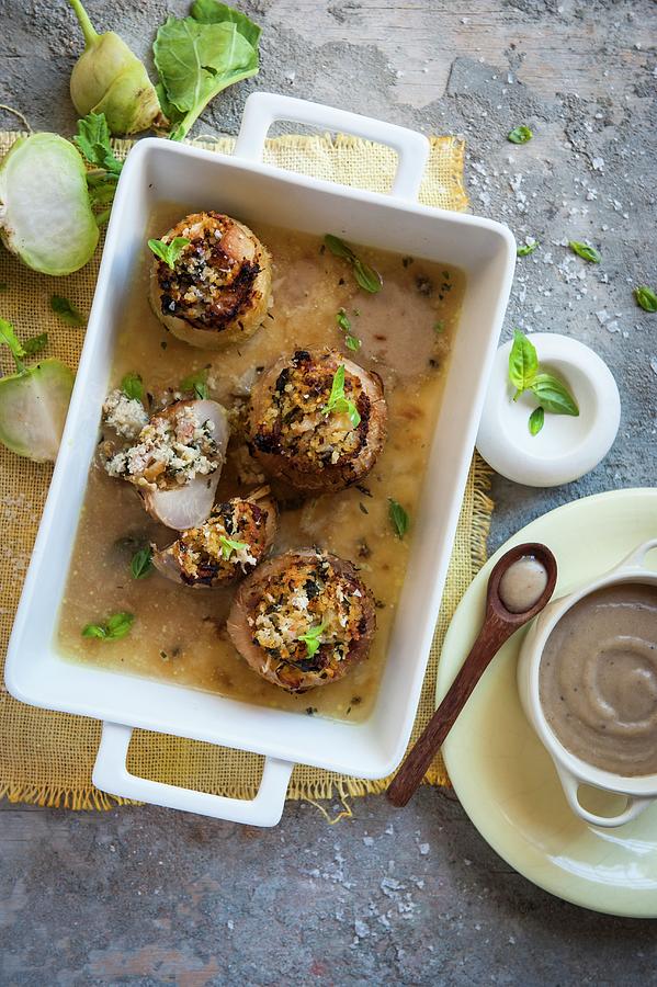 Stuffed Kohlrabi With Millet, Bacon And Ricotta Served With Onion Sauce Photograph by Great Stock!