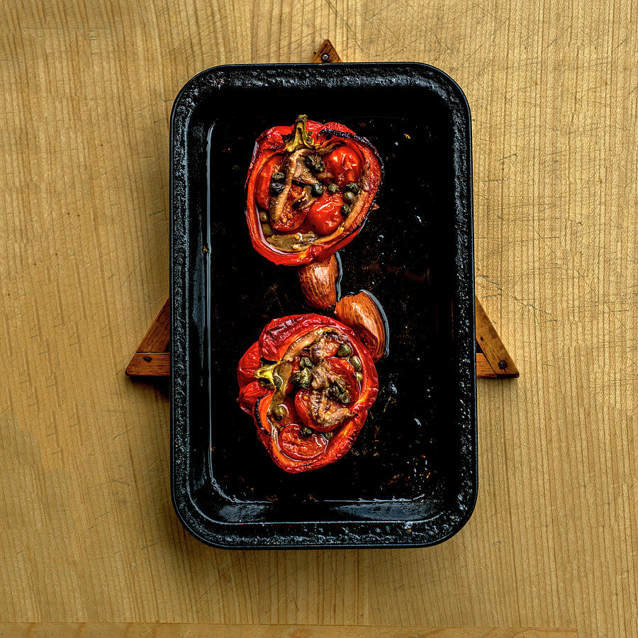 Stuffed Peppers With Capers, Tomatoes And Anchovies provence, France Photograph by Roger Stowell