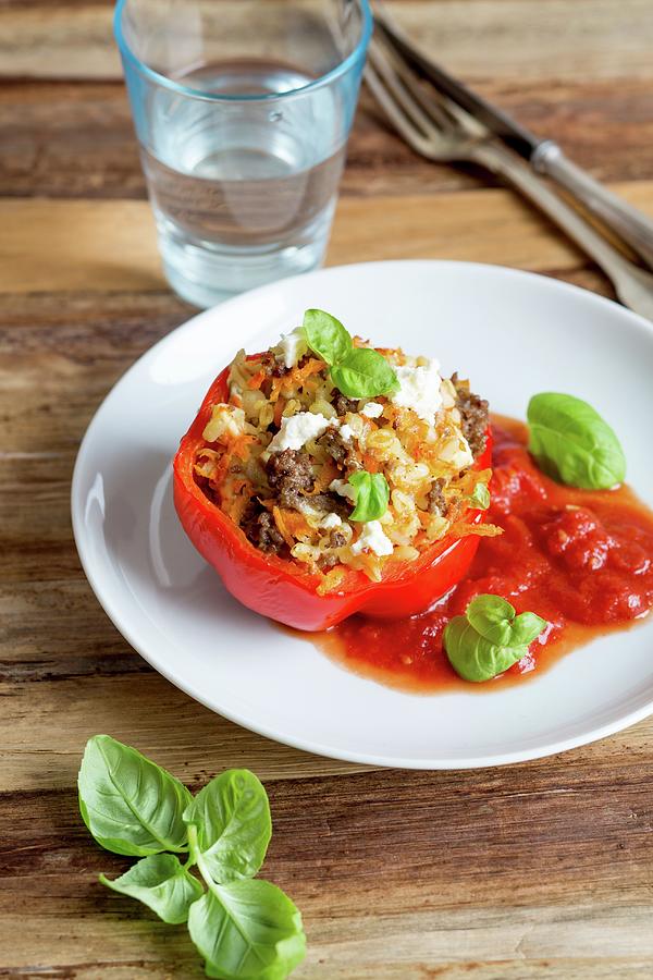 Stuffed Peppers With Minced Beef, Tender Wheat, Root Vegetables And Feta Cheese Photograph by Claudia Timmann