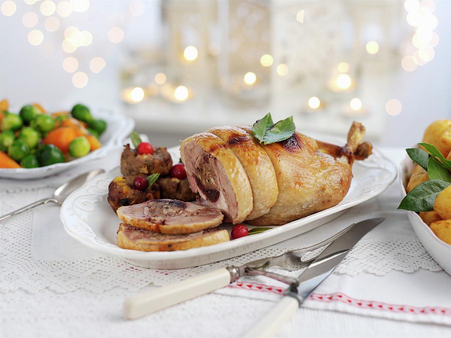 Stuffed Roast Turkey With Sides For Christmas Photograph by Ian Garlick