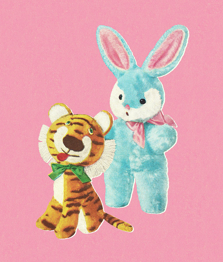 Vintage Drawing - Stuffed Tiger and Bunny Toys by CSA Images
