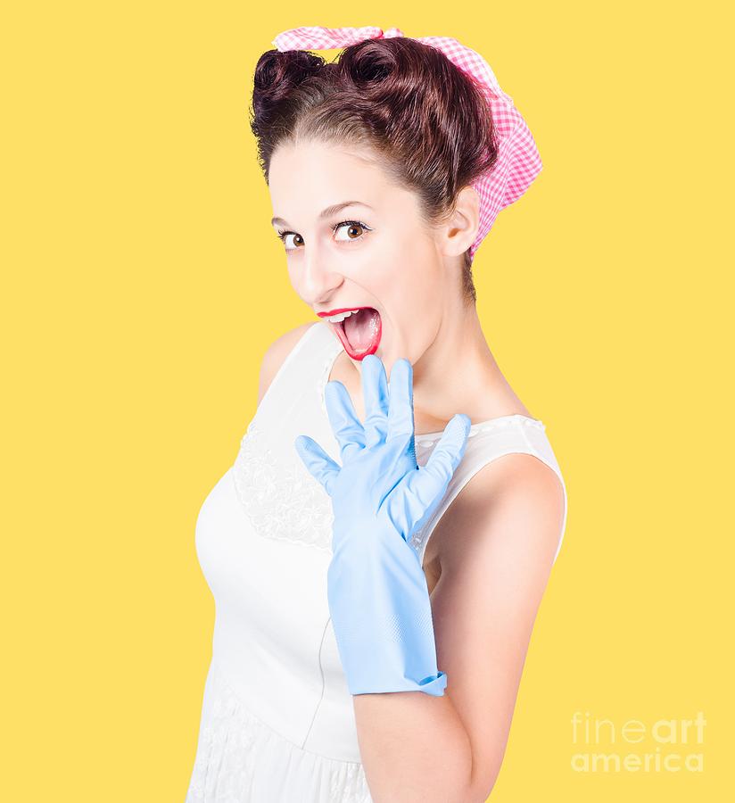 Stunned cleaning house wife wearing rubber glove Photograph by Jorgo Photography