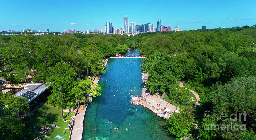 Architecture Photograph - Stunning Aerial View of Barton Springs Pool overlooking the down by Dan Herron