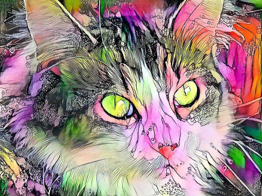 Stunning Watercolor Cat Face Green Eyes Digital Art by Don Northup