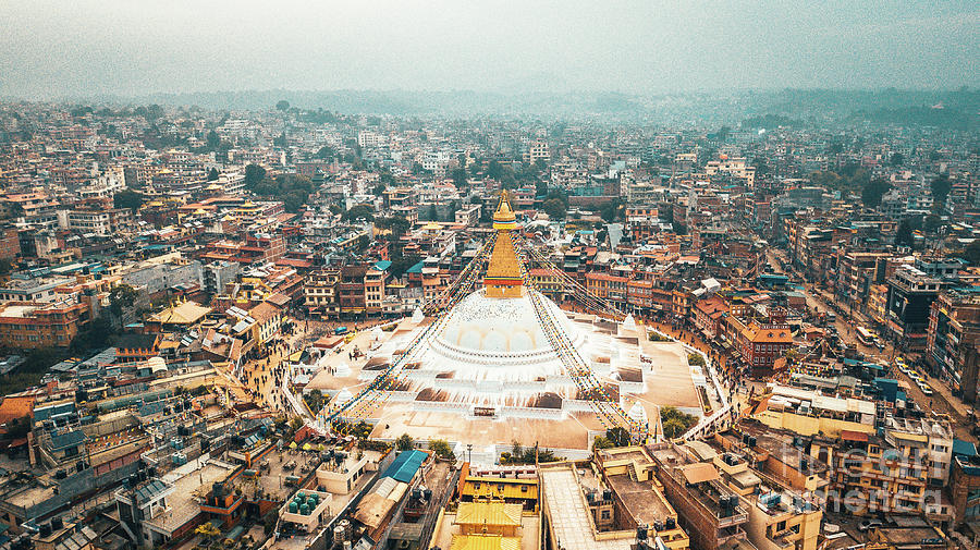Stupa temple Bodhnath Kathmandu, Nepal from air October 12 2018 Photograph by Raimond Klavins