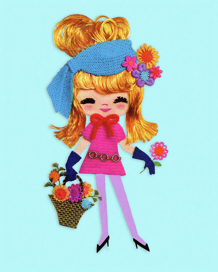 Cool Drawing - Stylish Lady Holding a Basket of Flowers by CSA Images