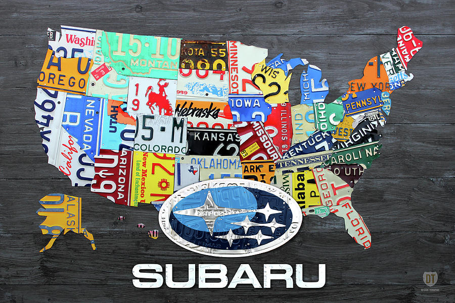 Car Mixed Media - Subaru Logo License Plate Map of the USA by Design Turnpike