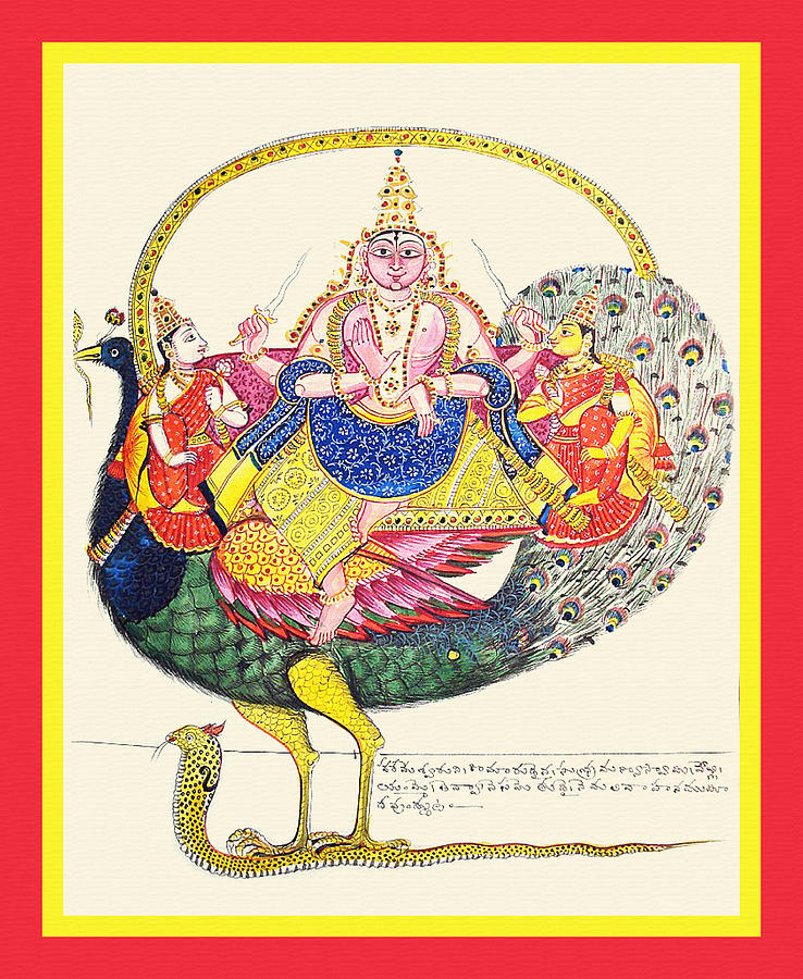 Subrahmanya on a peacock on a cobra Painting by Unknown