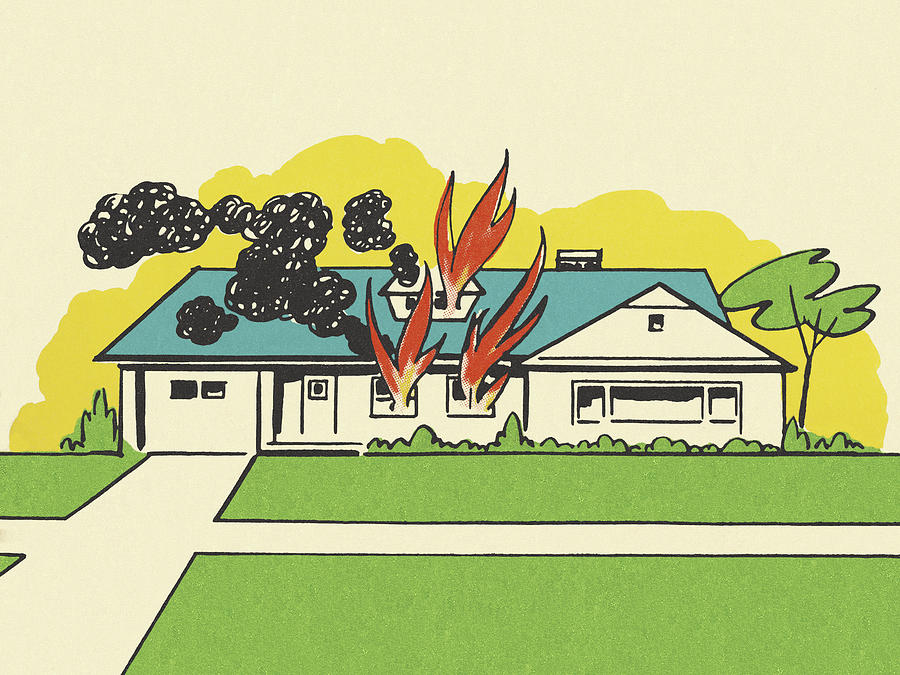 Architecture Drawing - Suburban House on Fire by CSA Images