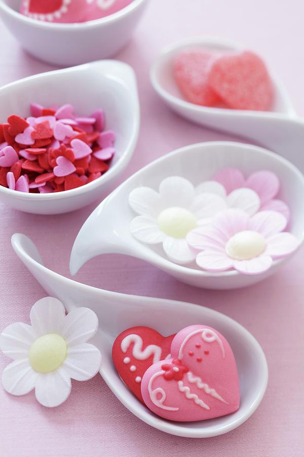 Sugar Hearts And Flowers Made From Edible Paper In Bowls Photograph by Taube, Franziska