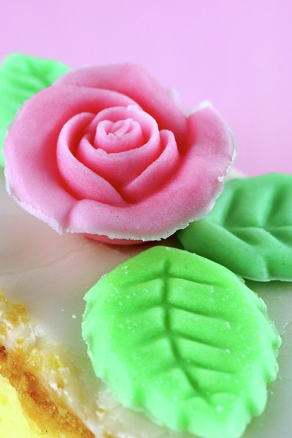 Sugar Rose With Leaves As Decoration On A Slice Of Cake Photograph by Linnhoff, Angelica