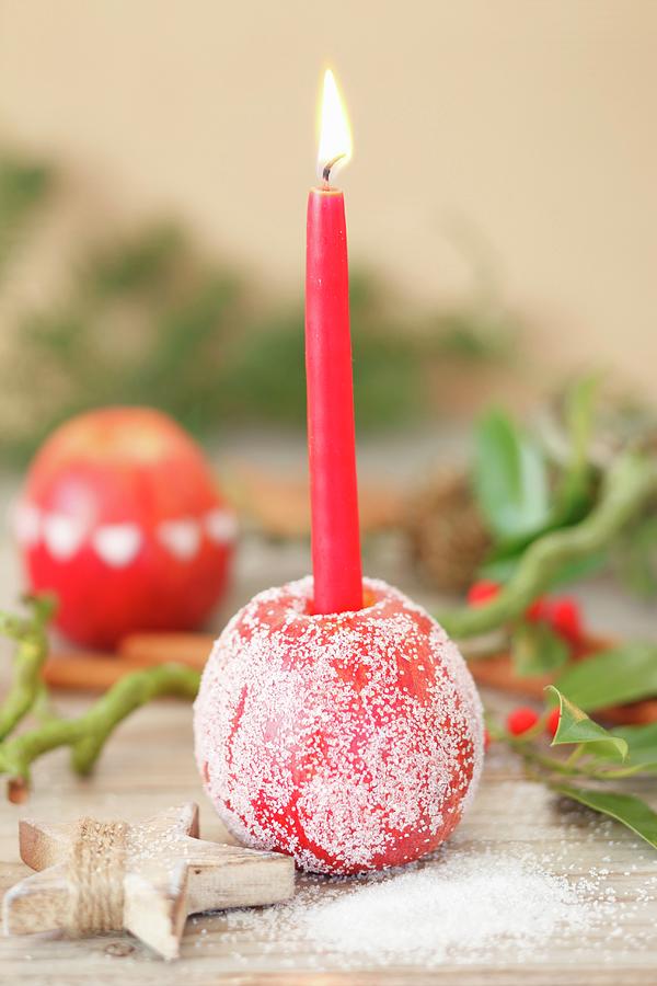 Sugared Apple Used As Festive Candlestick Photograph by Johanna Von Aesch