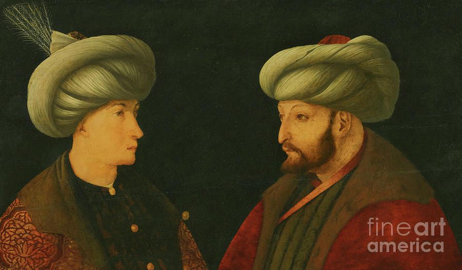 Sultan Mehmed II with a young dignitary Painting by Gentile Bellini