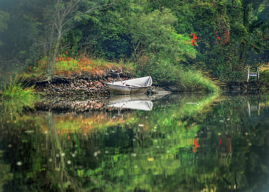 White Aluminum Rowboat Docked at Blind Brook Photograph by Cordia Murphy
