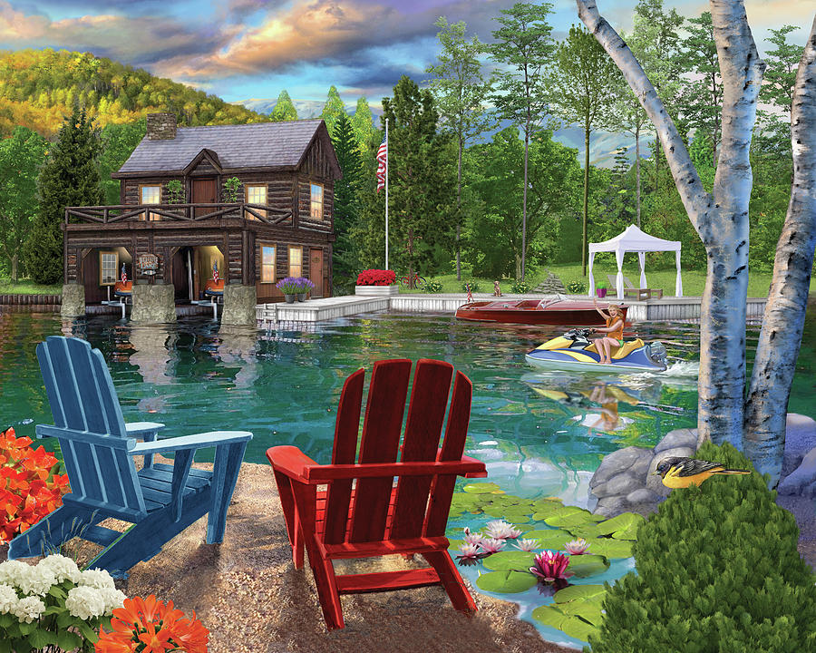 Landscape Painting - Summer At The Boathouse by Bigelow Illustrations