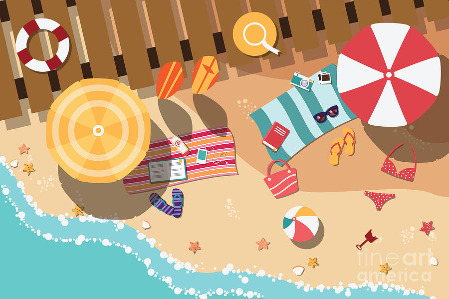 Parasol Digital Art - Summer Beach In Flat Design, Sea Side by Bluelela Parasol Digital Art - Summer Beach In Flat Design, Sea Side by Bluelela