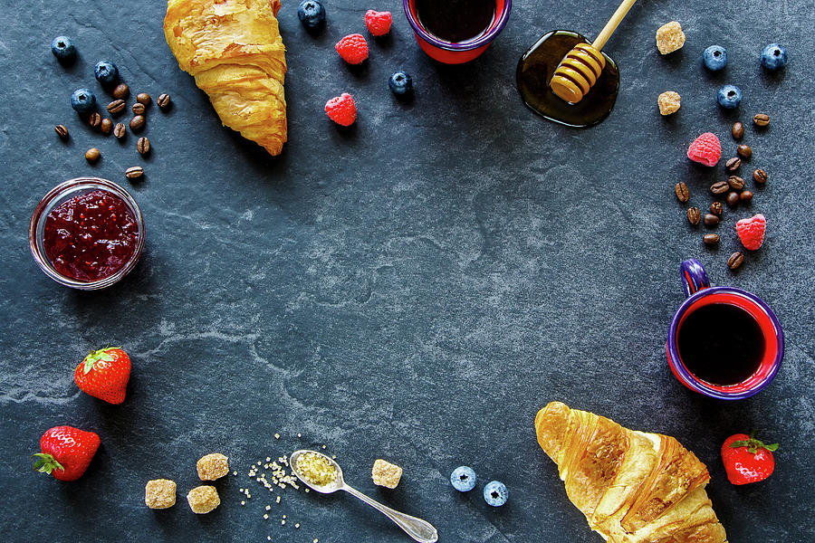 Summer Berries, Fruit Jam, Coffee And Croissants On Dark Stone Background Photograph by Yuliya Gontar