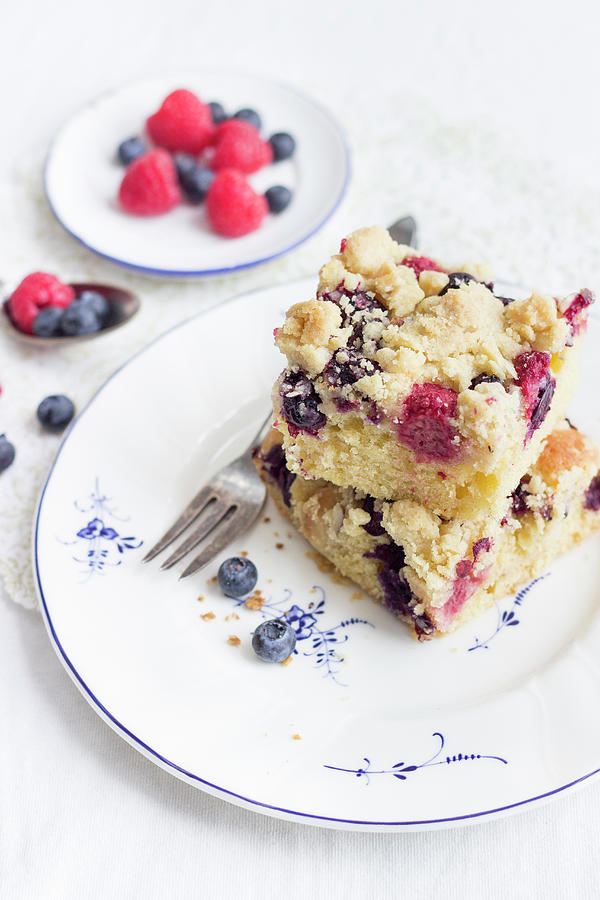 Summer Blueberry And Raspberry Cake With Nut Crumbs Photograph by Tamara Staab