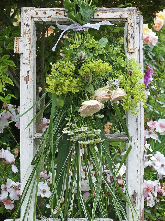 Summer Bouquet Hung In Old Window Frame In Front Of Rose Bed Photograph by Susan Haag