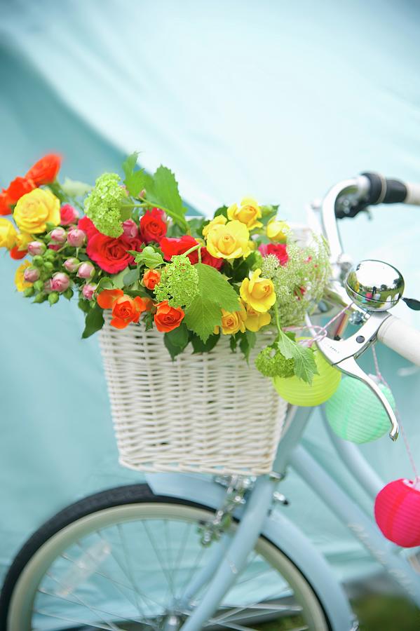 Summer Bouquet In White Basket Hung On Bicycle Handlebars Photograph by Winfried Heinze