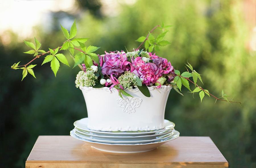 Summer Bouquet In White China Bowl On Table Outdoors Photograph by Alicja Koll
