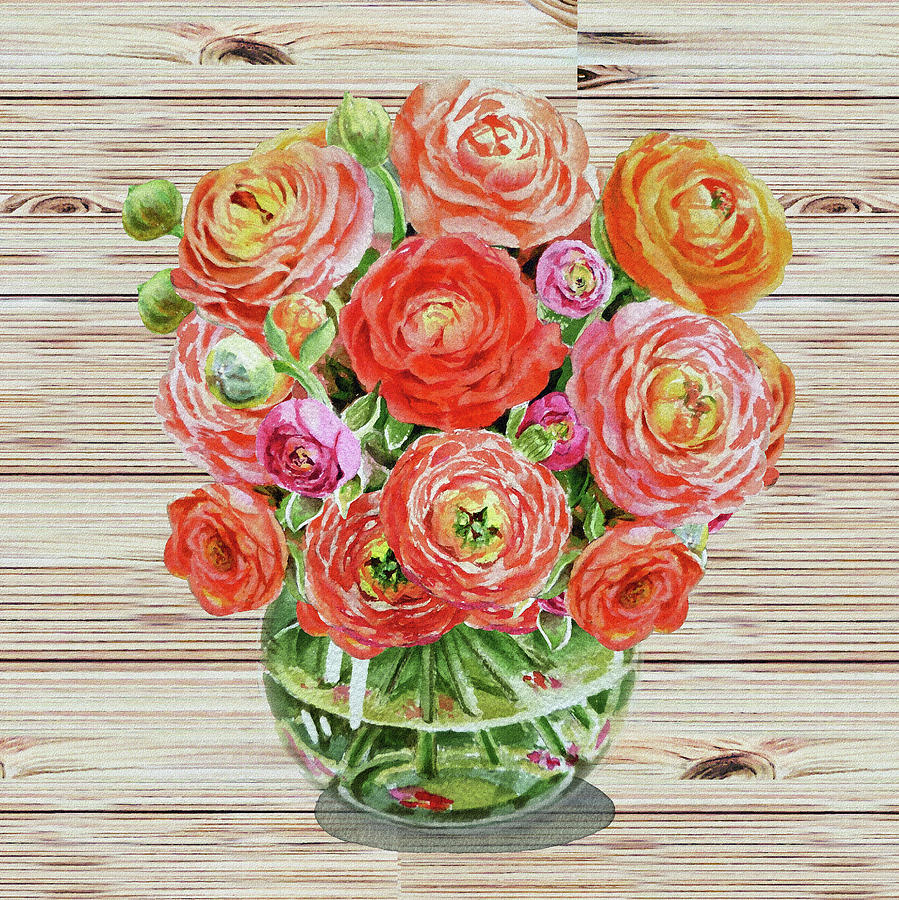 Summer Bouquet Ranunculus Flowers In The Glass Vase Painting by Irina Sztukowski