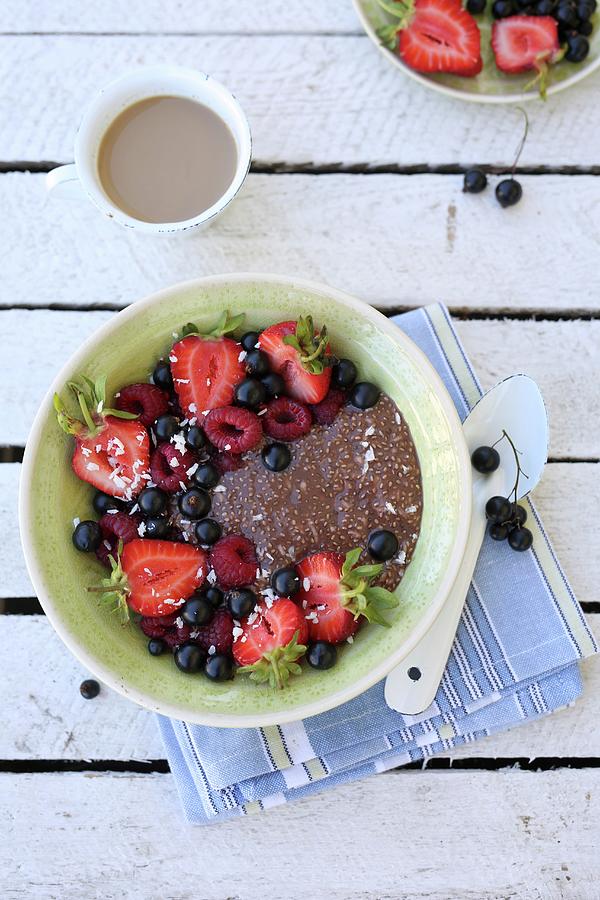 Summer Breakfast - Chocolate Coconut Chia Pudding With Fruits On Top. Photograph by Dorota Ryniewicz