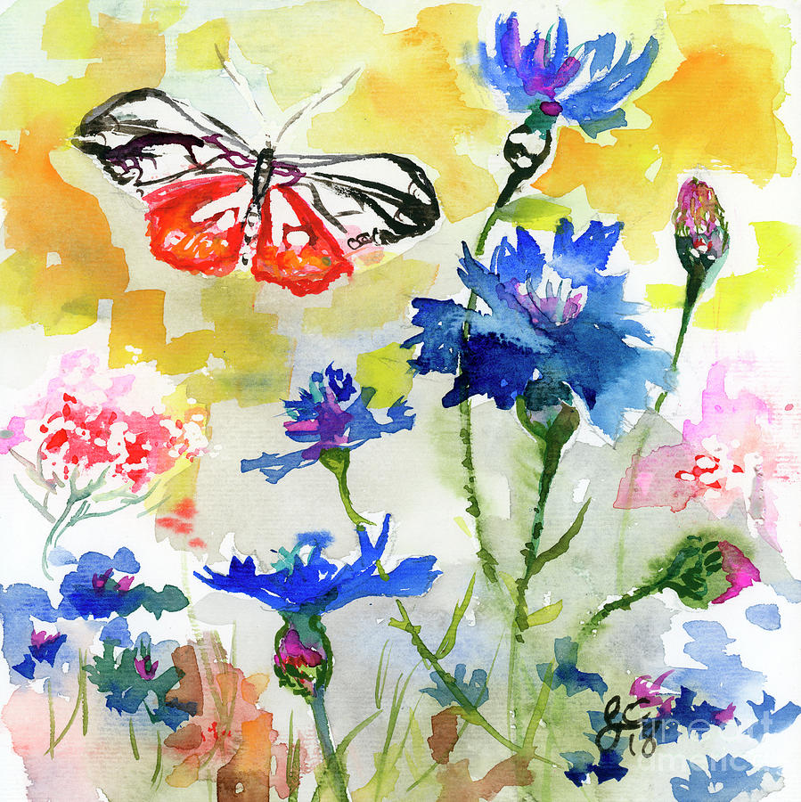 Summer Butterfly in Cornflowers Painting by Ginette Callaway