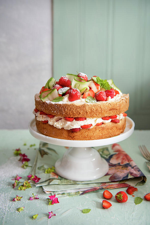 Summer Cake, Genoise Sponge With Strawberries Soaked In Pimms With Mint And Lemon, Cucumber Ribbons And Creamy Mascarpone Filling Photograph by Magdalena Hendey