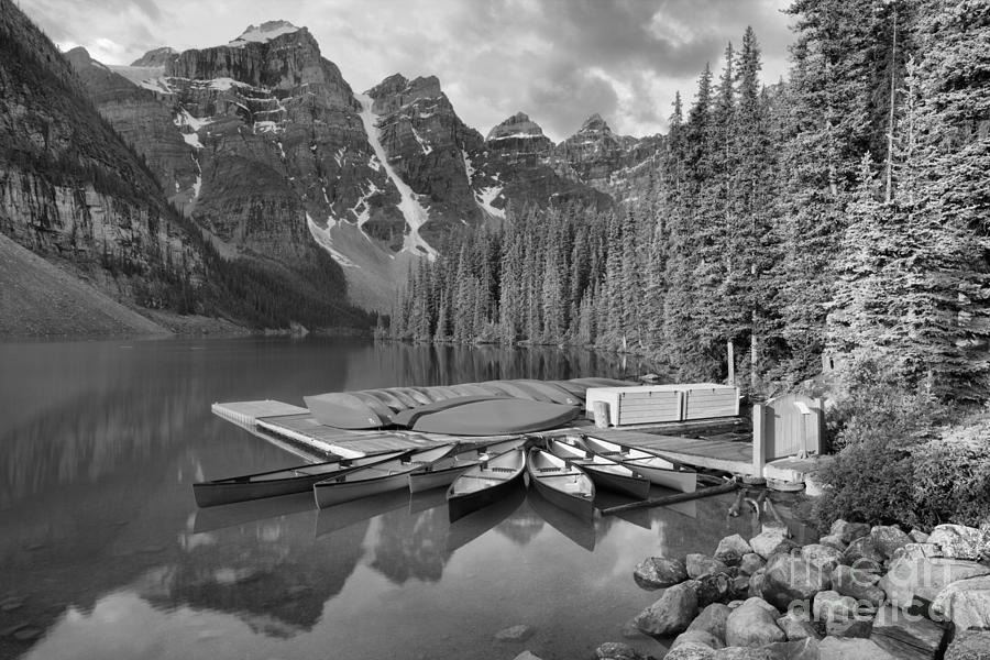 Summer Canoe Reflections At Moraine Lake Black And White Photograph by Adam Jewell