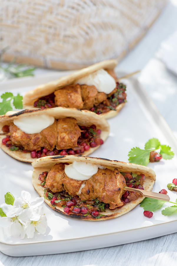 Summer Chicken Skewers With Pomegranate Salsa In Unleavened Bread morocco Photograph by Winfried Heinze
