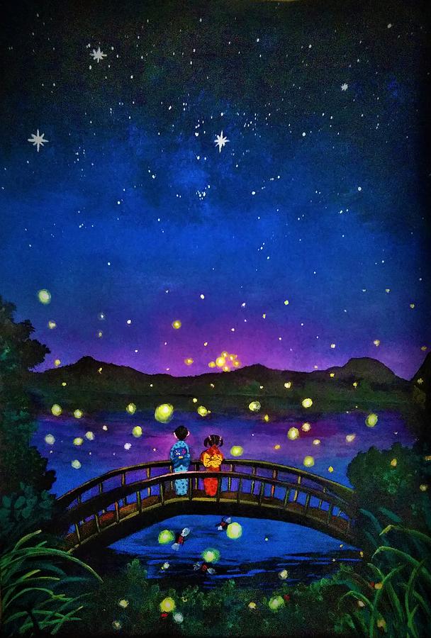 Summer fireflies night lights Painting by Tara Krishna