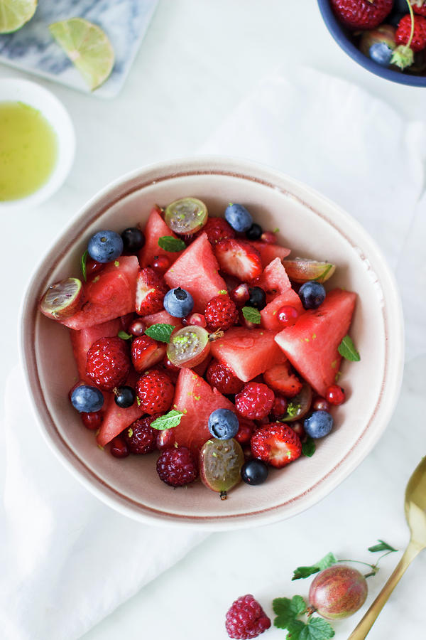 Summer Fruit Salad With Berries And Watermelon Photograph by Annalena Bokmeier