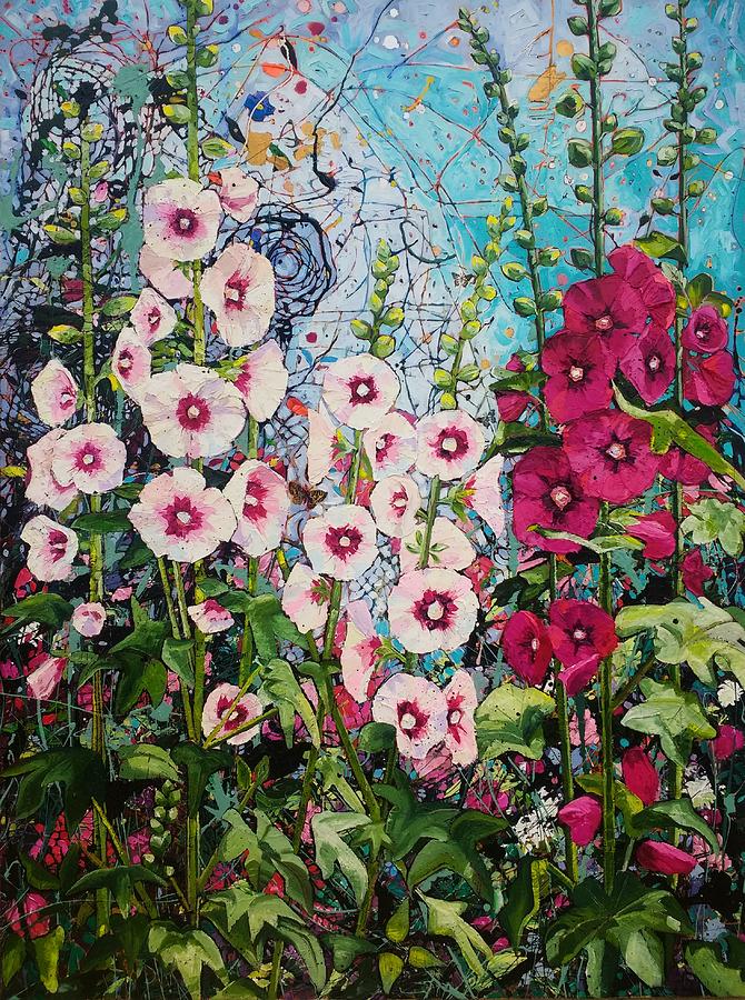 Summer Hollyhocks Painting by Angie Wright