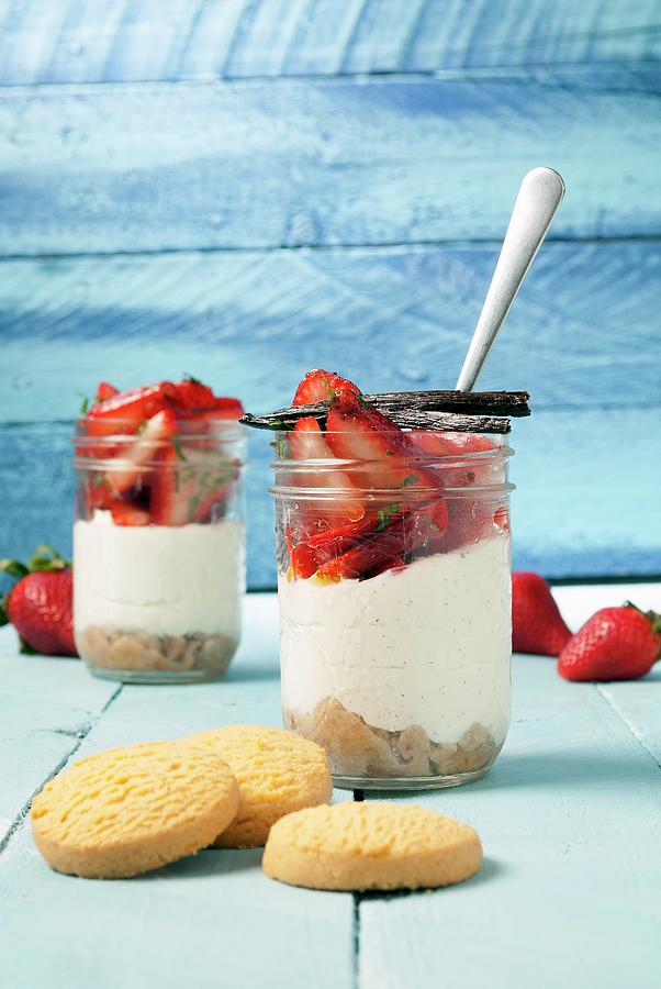 Summer Layered Deserts With Shortbread, Ricotta And Strawberries Photograph by Spyros Bourboulis