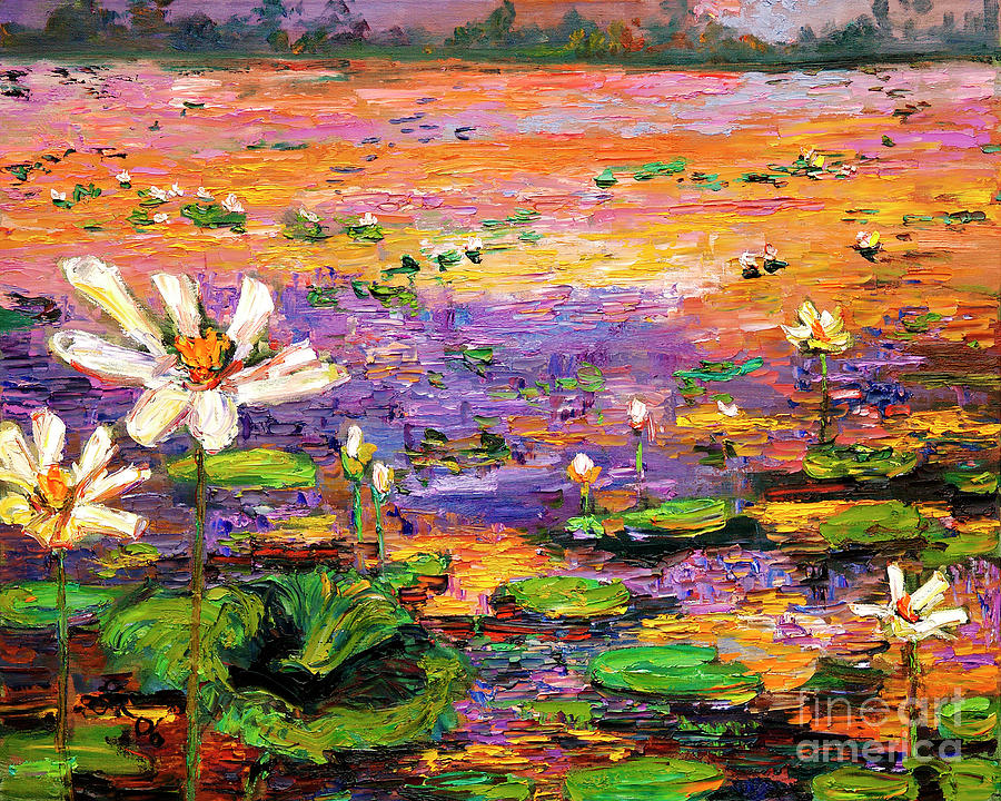 Summer lotus Pond impressionism  Painting by Ginette Callaway