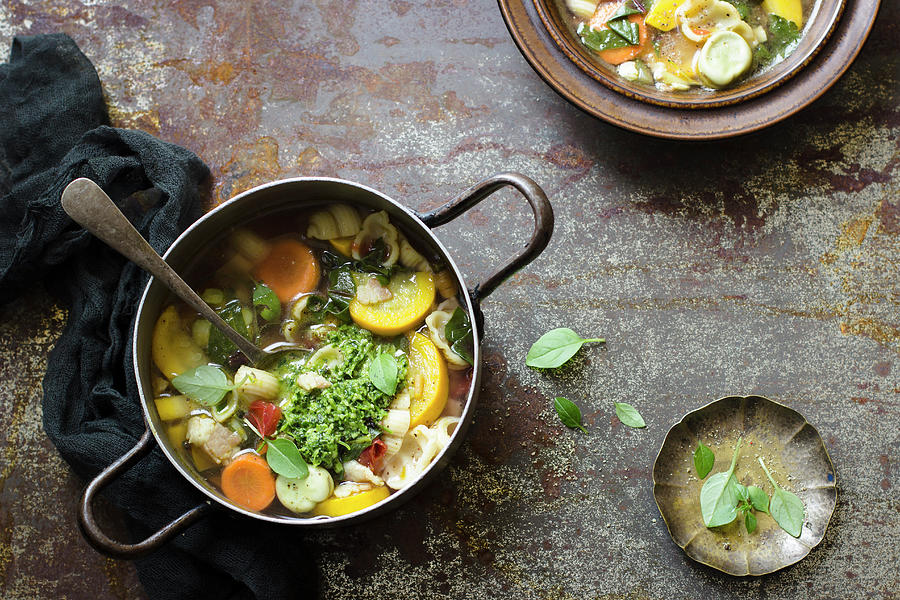 Summer Minestrone Soup With Squash, Carrot, Tomatoes, Basil Pesto, Broad Bean And Pasta Shells Photograph by Zuzanna Ploch