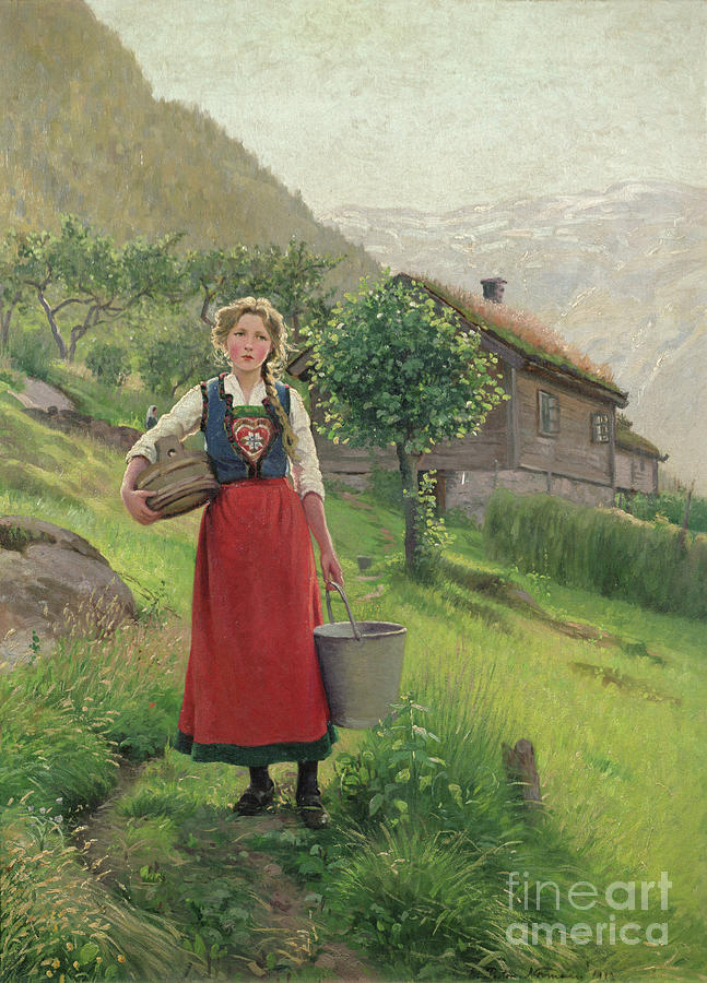 Summer Mountain Pasture Girl, 1912 Painting by E Normann