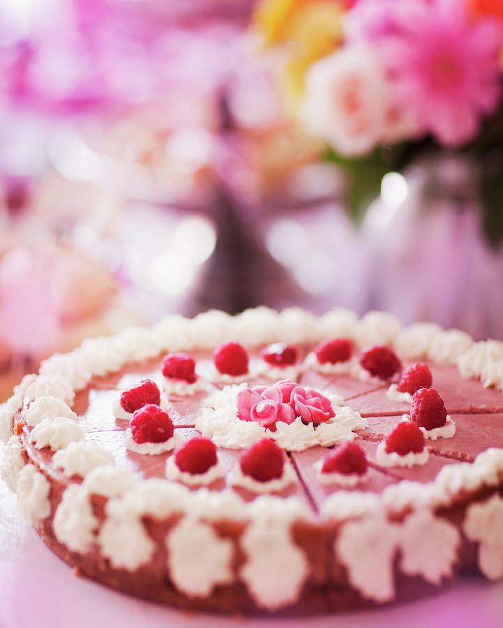 Summer Raspberry Cake Decorated With Cream Photograph by Martin Dyrlv