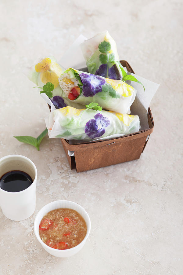Summer Rolls Filled With Kelp Noodles And Edible Flowers Photograph by Eising Studio