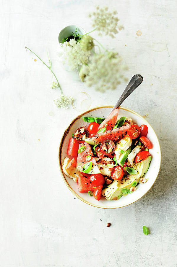 Summer Salad With Cherry Tomatoes, Avocado And Watermelon Photograph by Studio Kuchnia