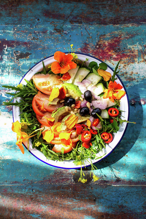 Summer Salad With Tomatoes, Cucumber, Chilli, Olives And Edible Flowers Photograph by Lara Jane Thorpe